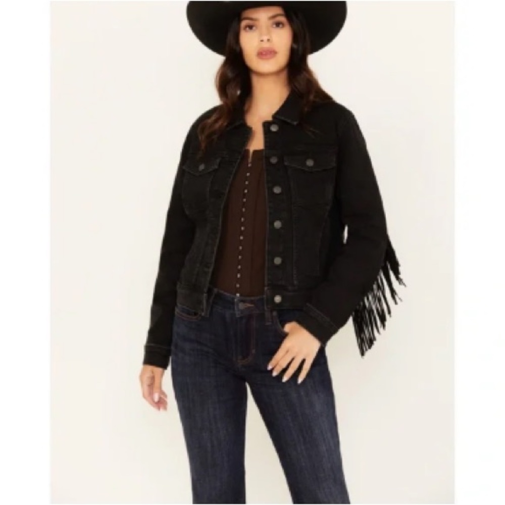 Idyllwind Outlaw Western Leather Fringe Jean Denim Jacket Black - Picture 8 of 8